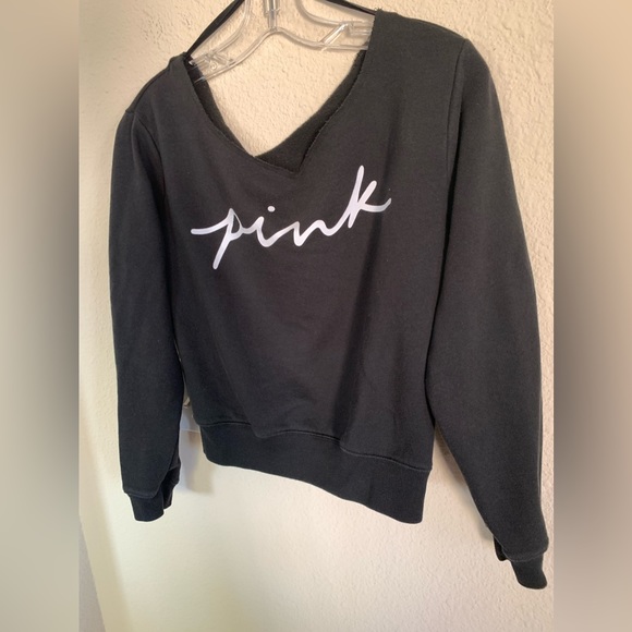 Pink Victoria’s Secret Logo Black Wide Neck Cropped Long Sleeve Sweatshirt - Picture 4 of 13